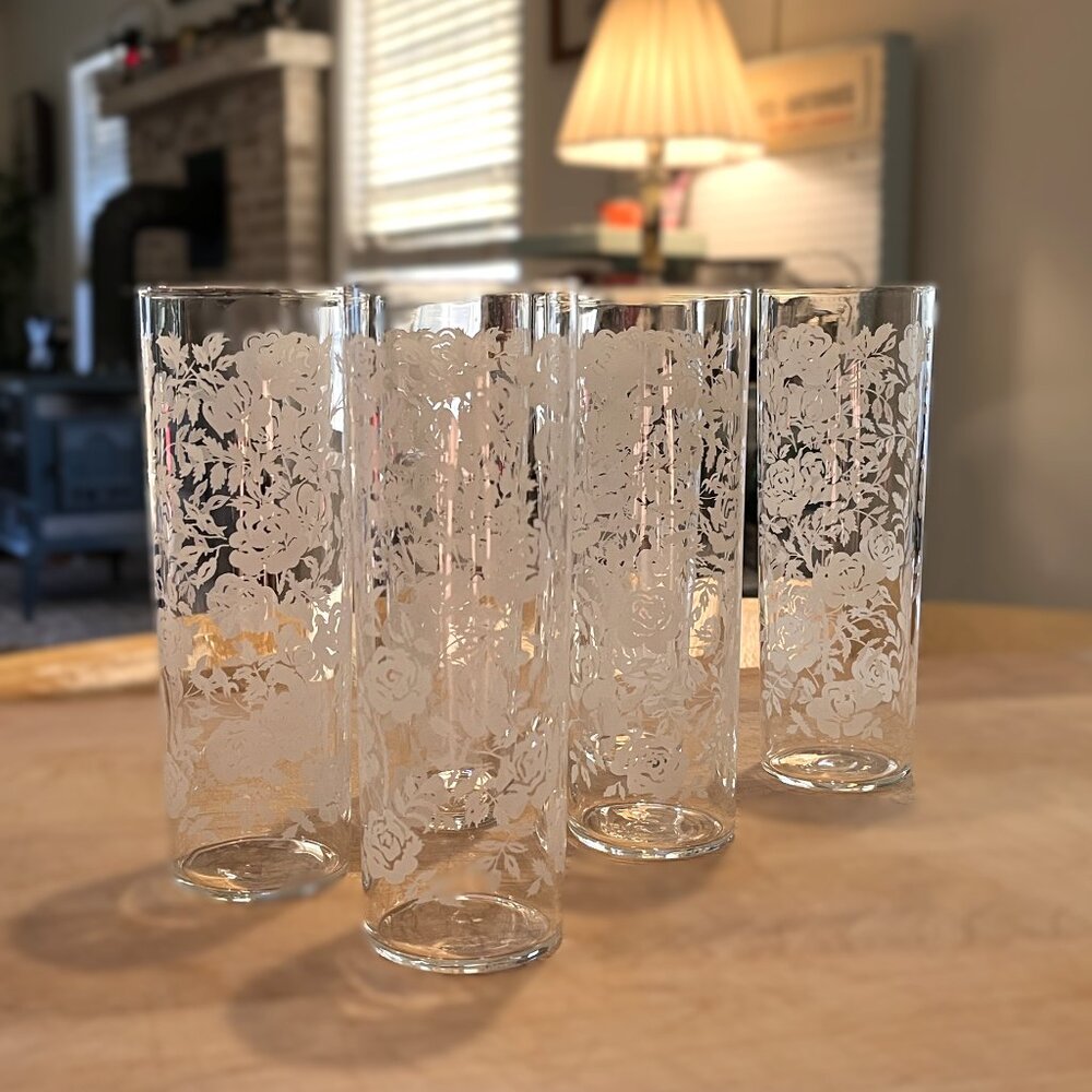 Vintage Libbey Etched Highball Glasses - Set of 6 - White Roses & Leaves Pattern